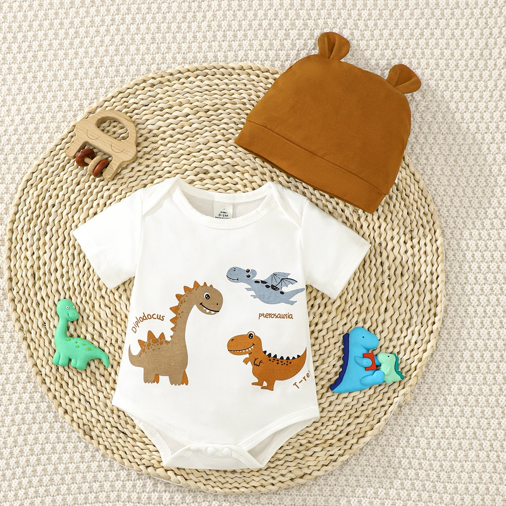【0-6M】 2PCS Newborn Baby Outfit: Dinosaur Print Short-Sleeve Bodysuit + Ear Hat – Cute Summer Daily Set