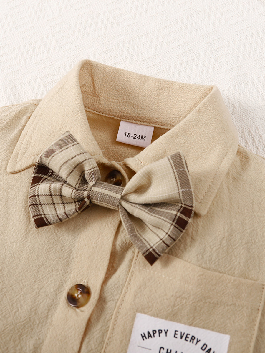 【2PCS】 1-6Y Baby Boy Formal Set | Beige Short Sleeve Shirt + Plaid Shorts with Bow Tie | Gentleman Summer Outfit