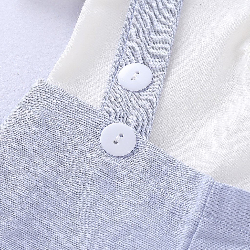 【2PCS】 0-12M Baby Boy Formal Set | White Short Sleeve Shirt + Light Blue Suspender Shorts with Bow Tie | Gentleman Party Outfit