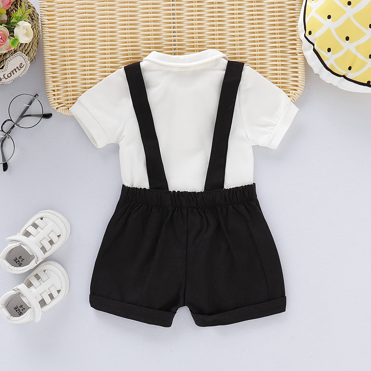 【2PCS】 6-24M Baby Boy Formal Set | White Romper + Black Suspender Shorts with Bow Tie | Classic Party Outfit