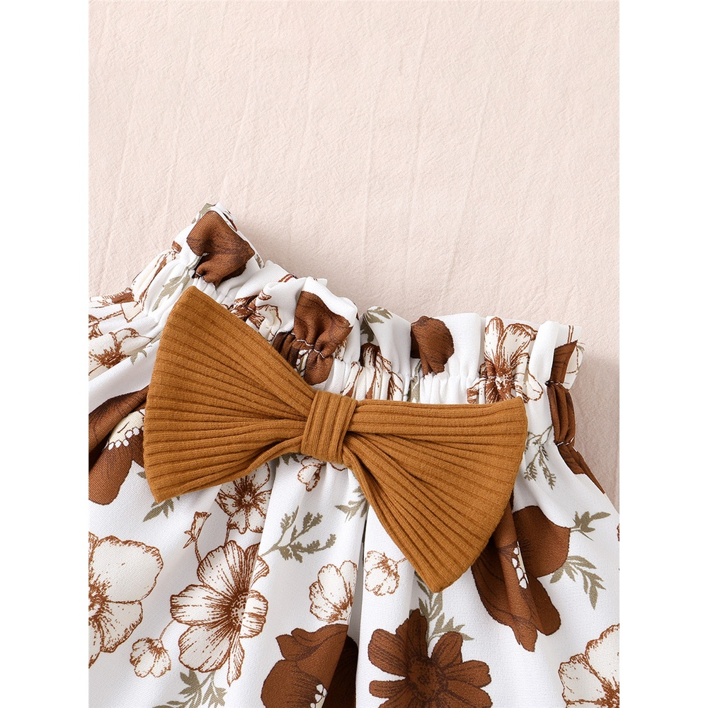 【3PCS】 0-18M Baby Girl Outfit | Brown Ribbed Cami Romper + Floral Skirt + Matching Headband | Cute Summer Set