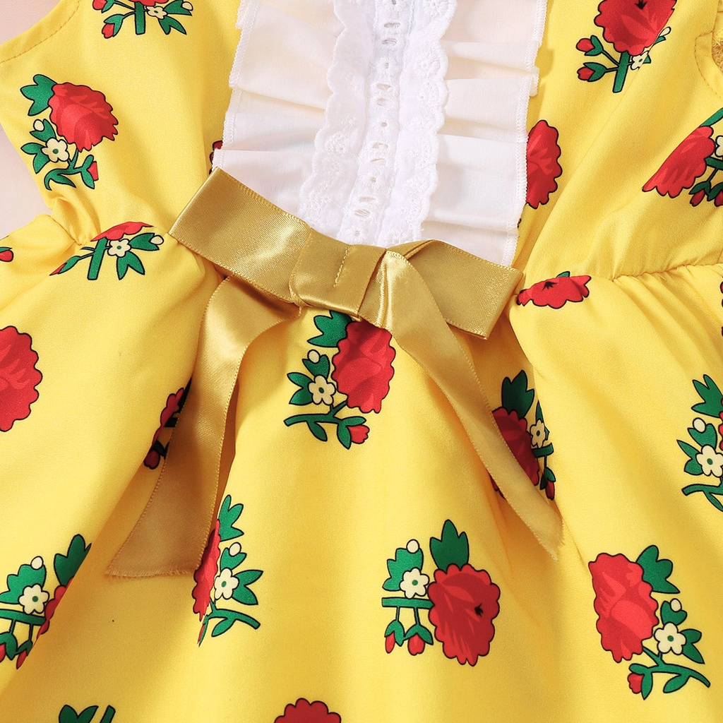 【12M-6Y】 Baby Girl Floral Dress | Yellow Rose Print Sleeveless Dress with Lace Ruffle & Satin Bow | Cute Daily Outfit