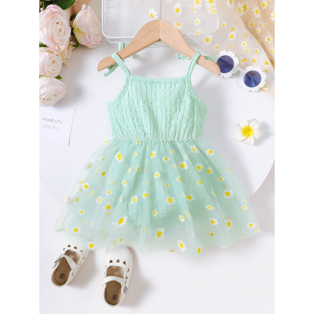 【9-24M】 Baby Girl Sleeveless Dress: Mint Green Daisy Print Tulle Skirt with Bow Straps & Faux Buttons – Summer Floral Infant Outfit