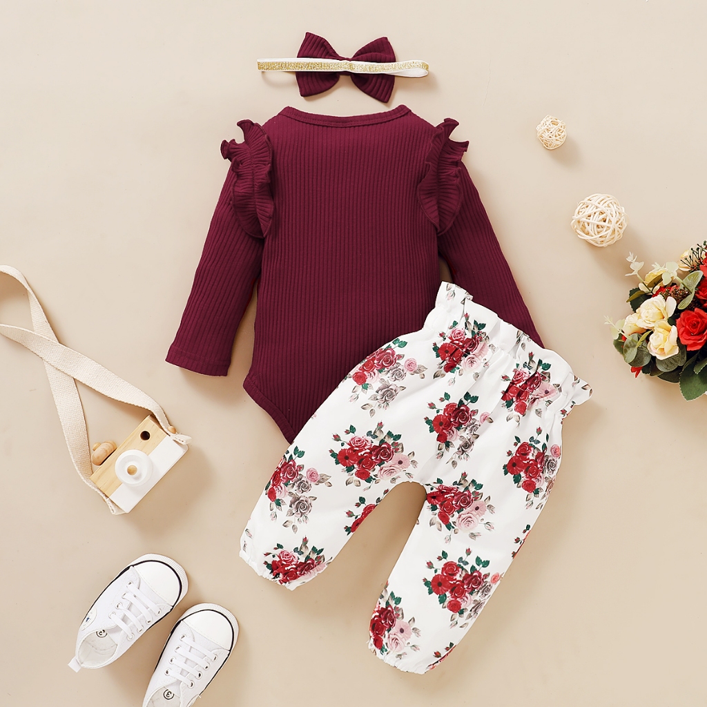 【3PCS】 0-18M Baby Girl Set | Maroon Ribbed Ruffle Bodysuit + Rose Print Pants + Matching Bow Headband | Elegant Casual Outfit