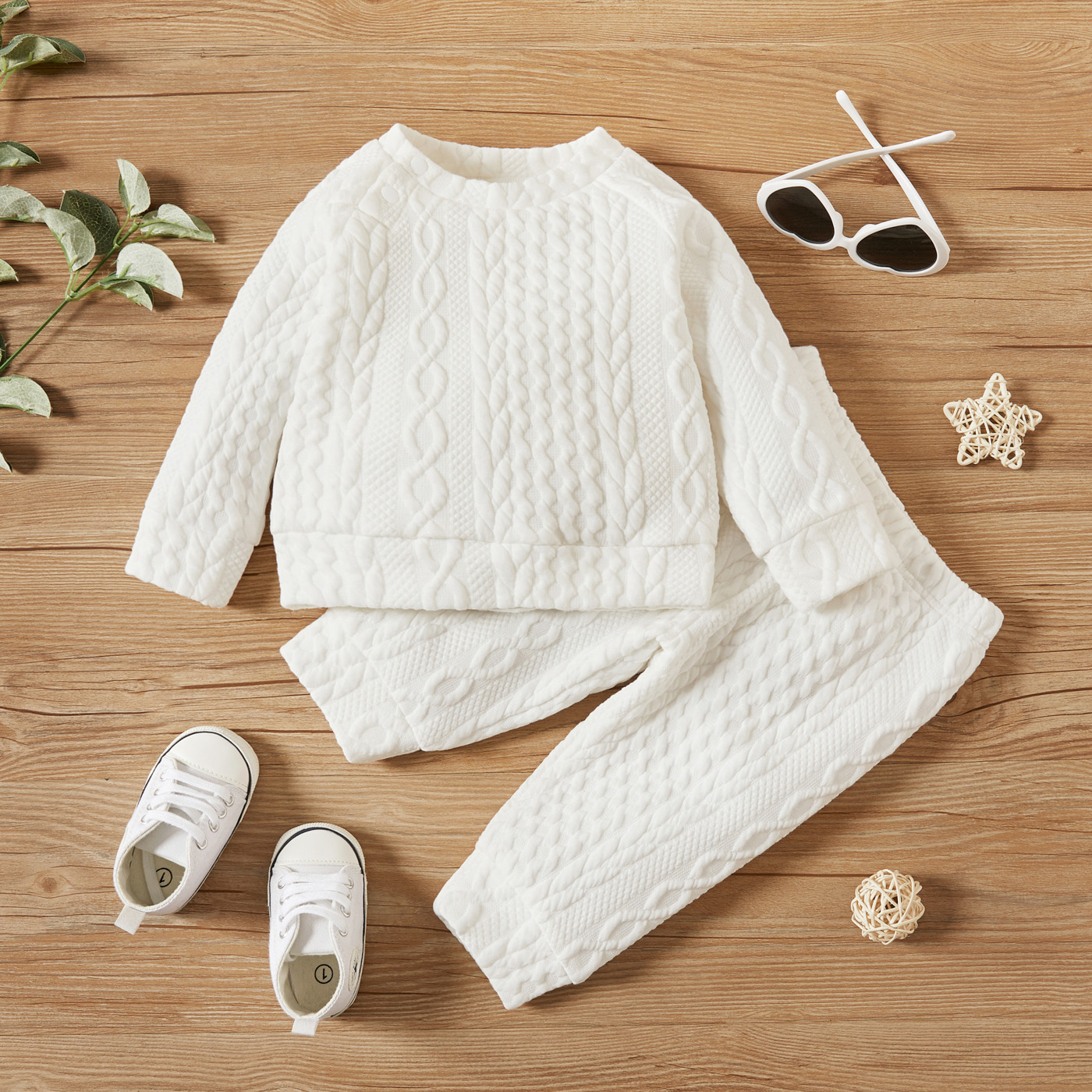 【2PCS】 0-3Y Baby Casual Set | White Quilted Sweatshirt + Matching Pants | Cozy Daily Outfit