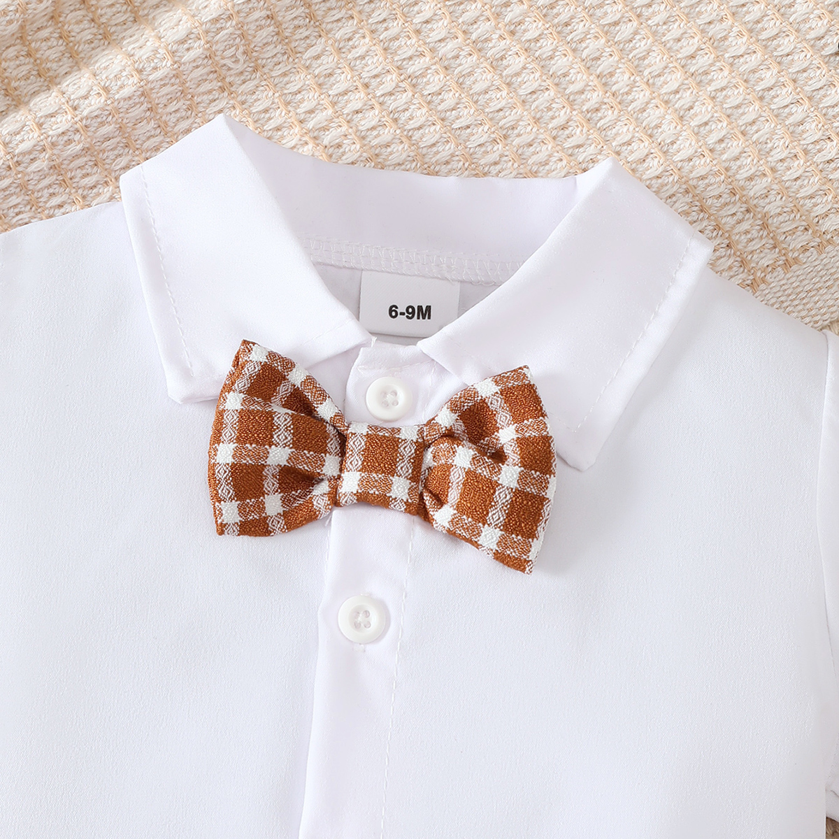 【2PCS】 6M-3Y Baby Boy Formal Outfit | White Short Sleeve Shirt + Brown Plaid Suspender Shorts with Bow Tie | Party Casual Wear