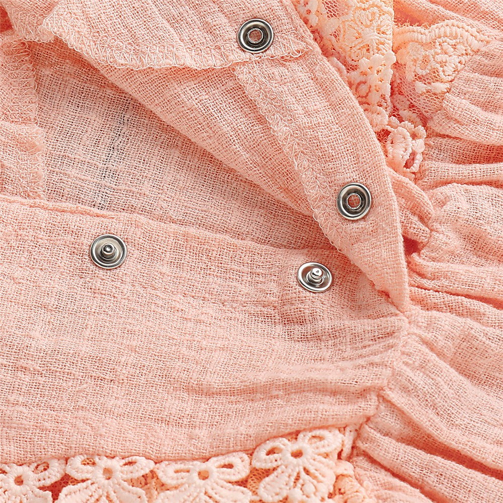 【2PCS】 0-18M Baby Girl Set | Pink Lace Trim Romper + Matching Bow Headband | Soft Summer Outfit