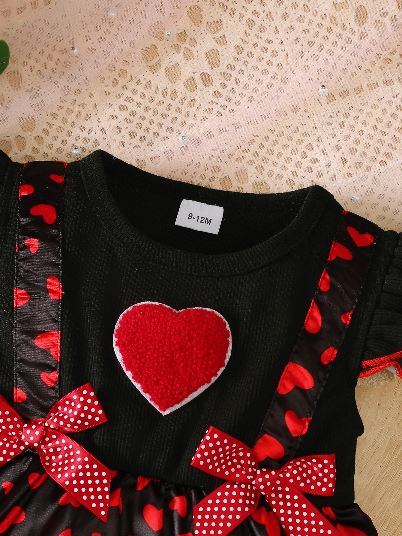 【2PCS】 3-24M Baby Girl Romper Set | Red Heart Print Black Romper Dress + Matching Sun Hat with Bow | Adorable Summer Outfit