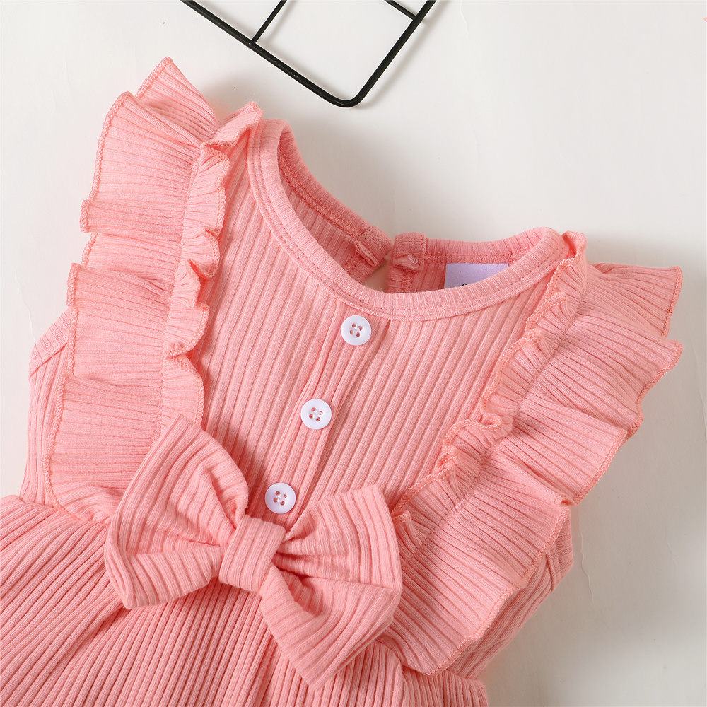 【2PCS】 0-12M Baby Girl Outfit | Pink Ribbed Ruffle Trim Romper with Bow + Matching Headband | Soft Casual Wear