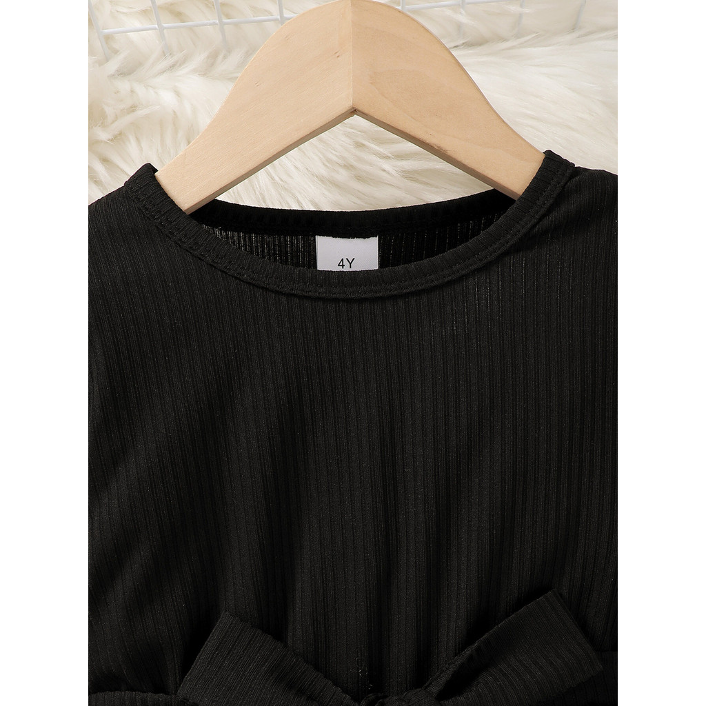 【4-7Y】 Toddler Girl Casual Dress | Black Ribbed Ruffle Sleeve Dress with Beige Polka Dot Skirt + Bow Belt | Fashion Daily Wear