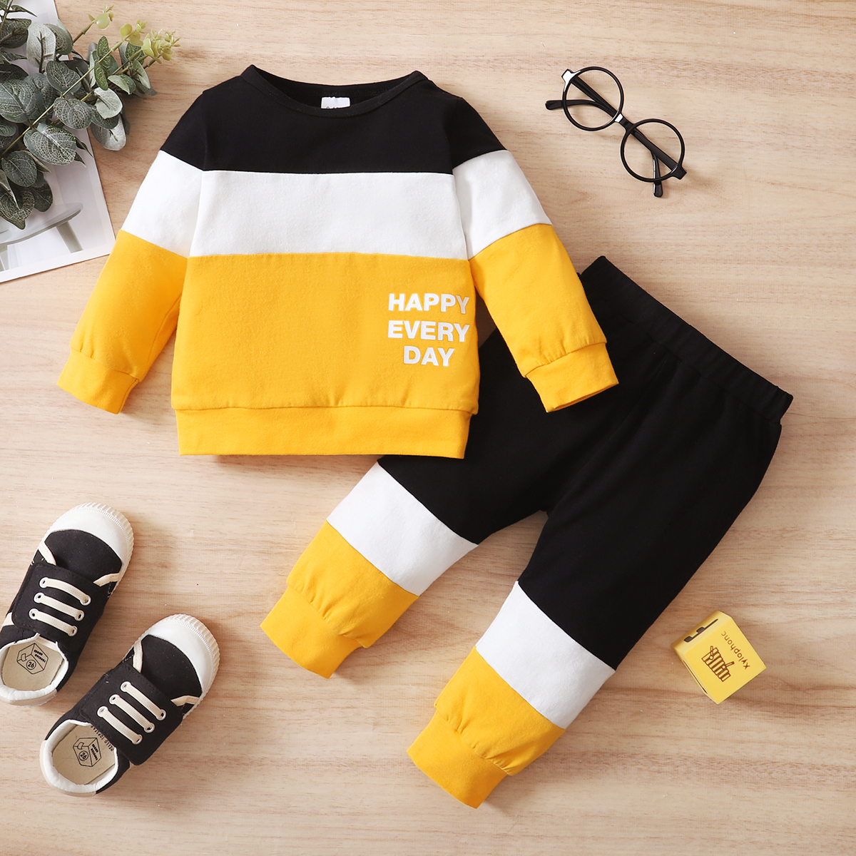 0-4Y Boys' Color Block "HAPPY EVERY DAY" Sweatshirt & Pants Set | Soft Cotton Two-Piece Outfit, for Daily Wear & Playtime, Toddler Boys