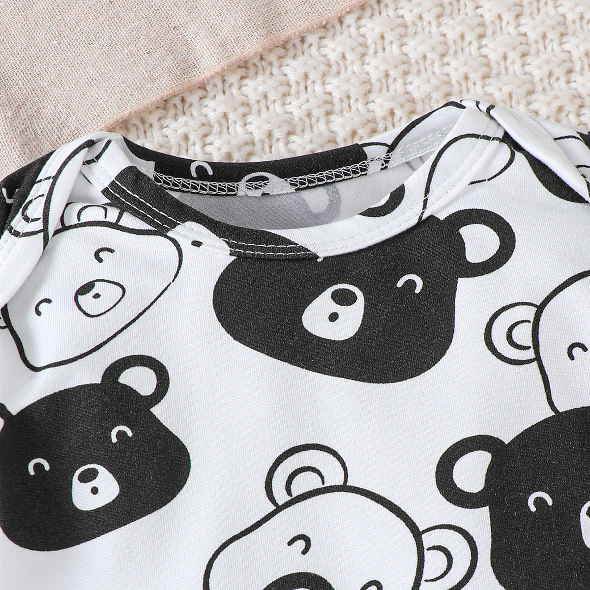 【4PCS】 0-9M Baby Boy Set | Black & White Bear Print Bodysuit + Black Pants + Matching Ear Hat + Booties | Adorable Casual Outfit