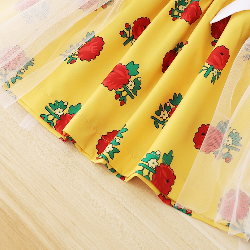 【18-6Y】 Toddler Girl Casual Dress | Yellow Rose Print Ruffle Sleeve Mesh Dress with White Bows | Sweet Summer Wear