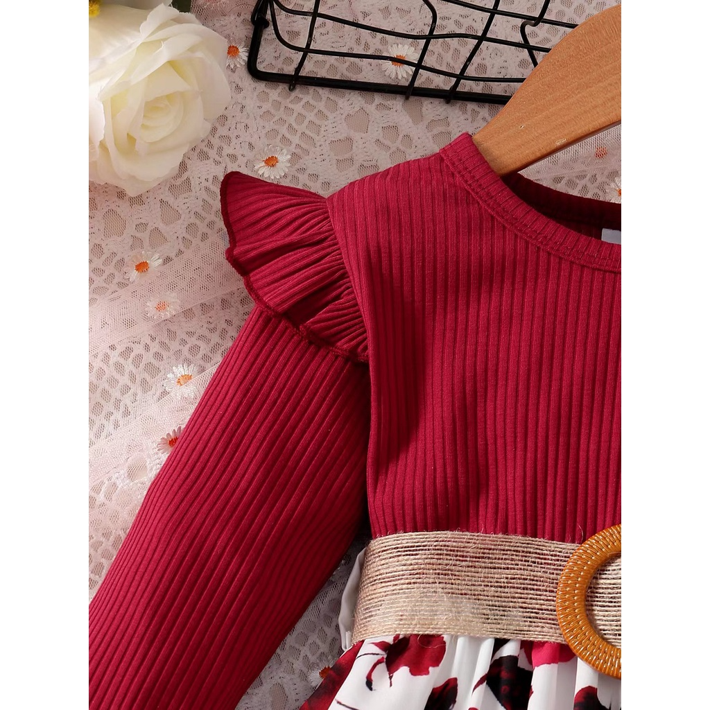 【18M-7Y】 Toddler Girl Dress | Wine Red Ribbed Top + Rose Print Skirt with Waist Belt | Elegant Party Outfit