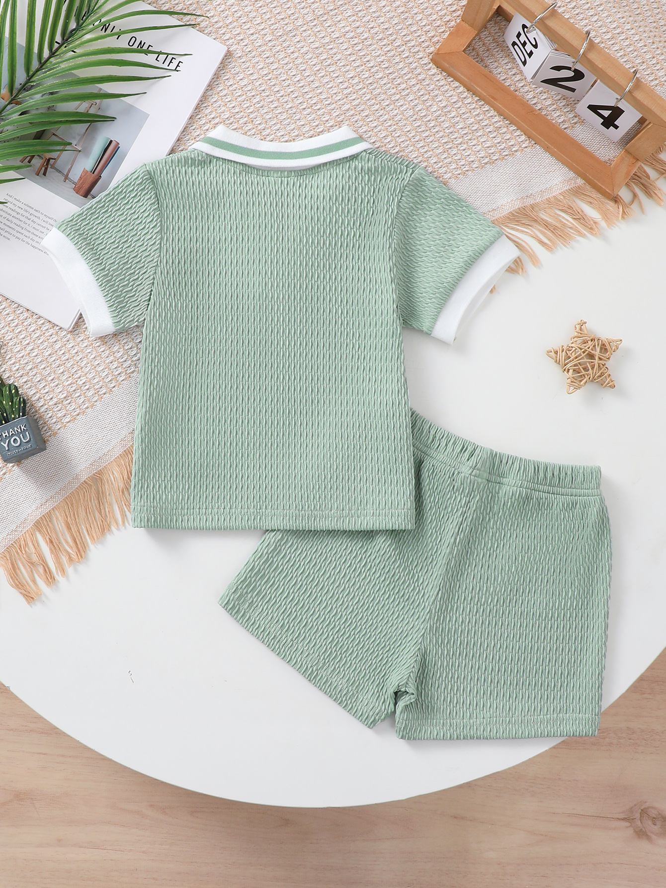Catpapa boy |【2PCS】 6M-3Y Baby Boy Summer Outfit | Mint Green Textured Polo Shirt + Matching Shorts | Casual Two-Piece Set | Boys clothes fashions | Boys short and shirt | BabyClothing