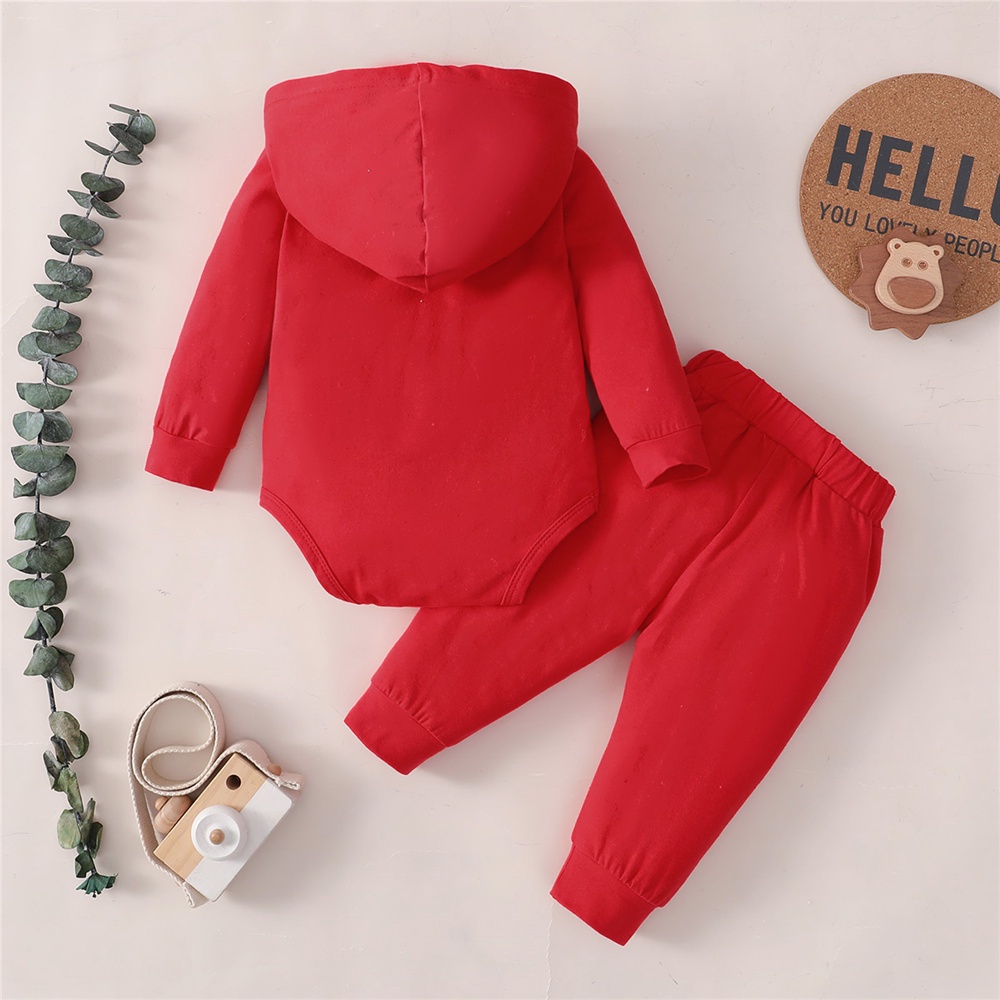 Catpapa boy |【2PCS】 0-24M Baby Boy Outfit | Red "Little Boss" Print Hooded Romper + Matching Pants | Trendy Casual Wear | Babies dress | Cute baby dresses | Boys clothes fashions