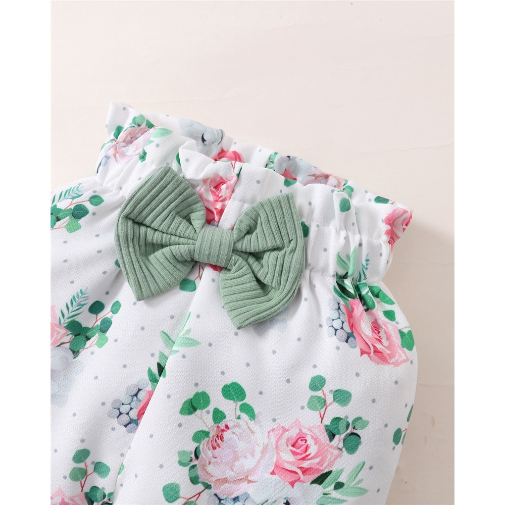 【3PCS】 0-18M Baby Girl Clothes Set | Green Ribbed Letters Print Romper + Floral Pants + Bow Headband | Casual Summer Outfit