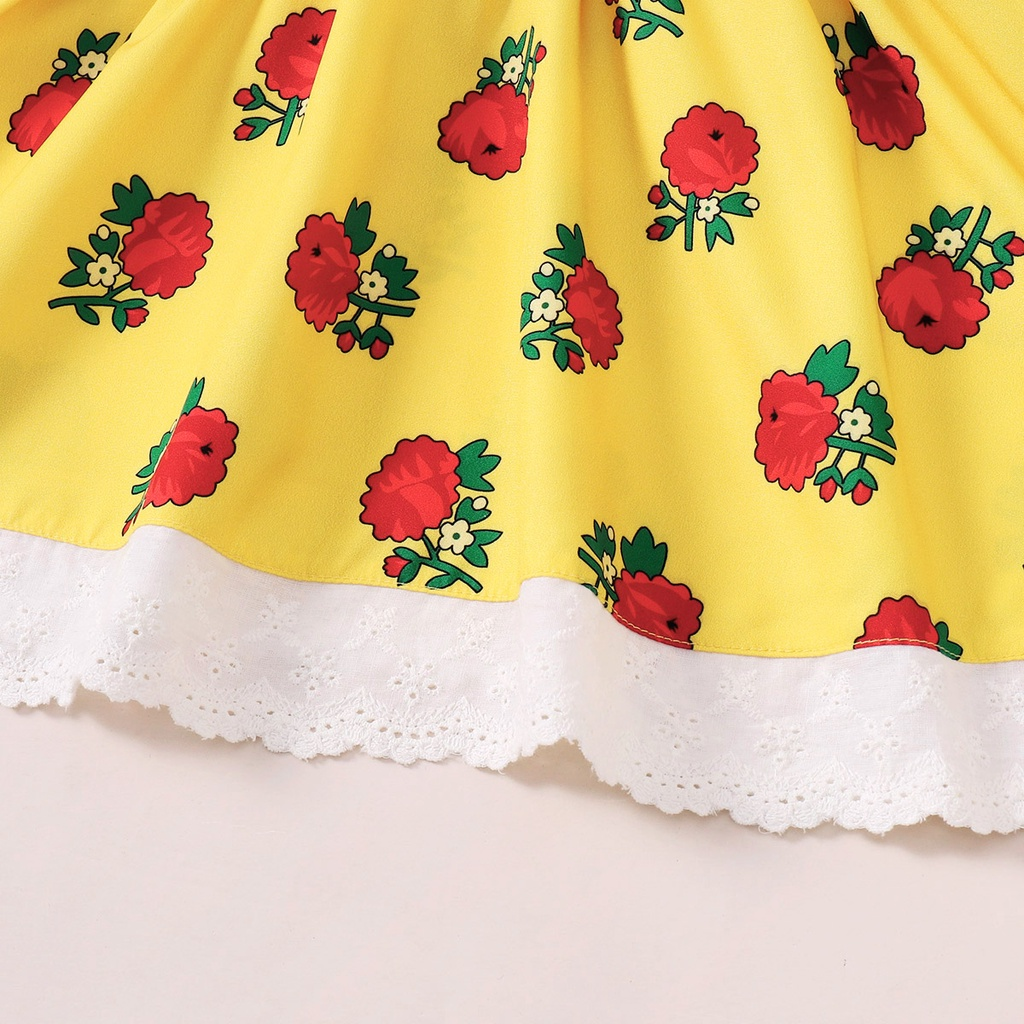 【2PCS】 12M-5Y Toddler Girl Outfit | Yellow Rose Print Lace Trim Dress + Matching Bow Headband | Casual Summer Set