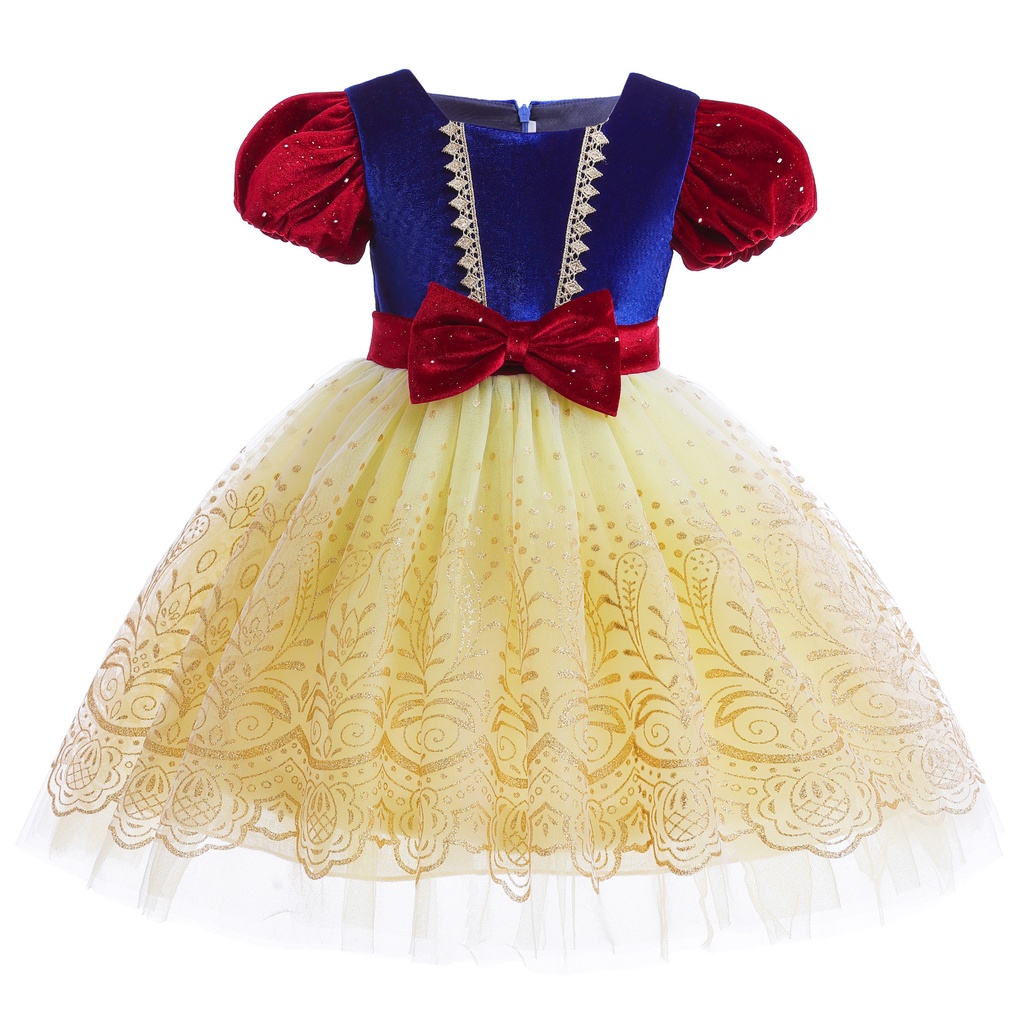 【3-10Y】 Toddler Girl Princess Dress | Snow White Inspired Velvet & Tulle Costume with Bow Belt | Birthday Party Outfit