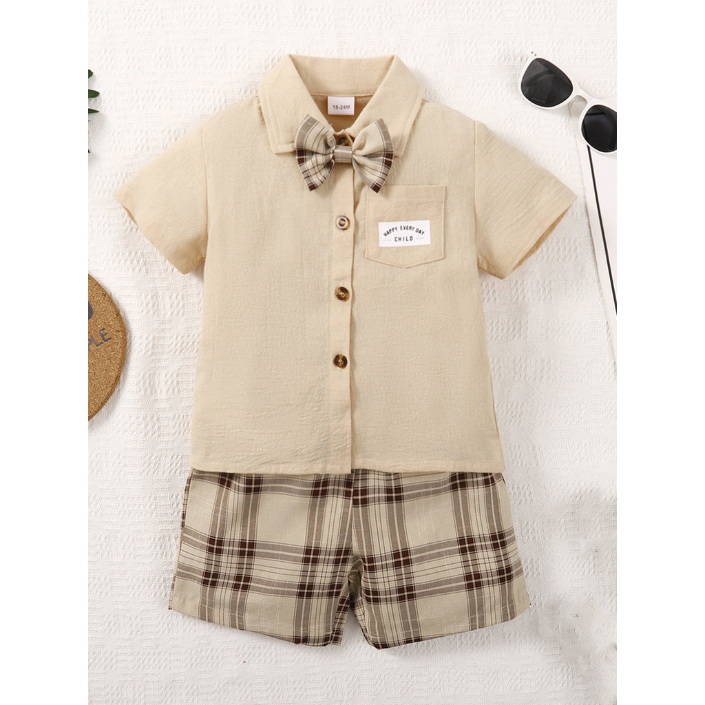 【2PCS】 1-6Y Baby Boy Formal Set | Beige Short Sleeve Shirt + Plaid Shorts with Bow Tie | Gentleman Summer Outfit