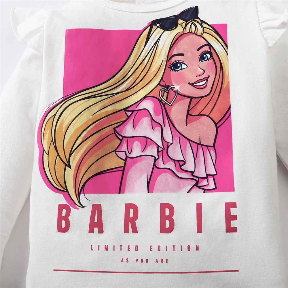 【2PCS】 18M-6Y Toddler Girl Barbie Outfit | White Ruffle Sleeve Barbie Print Top + Pink Mesh Overlay Leggings | Fashion Casual Wear