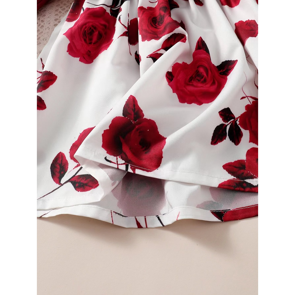 【18M-7Y】 Toddler Girl Dress | Wine Red Ribbed Top + Rose Print Skirt with Waist Belt | Elegant Party Outfit