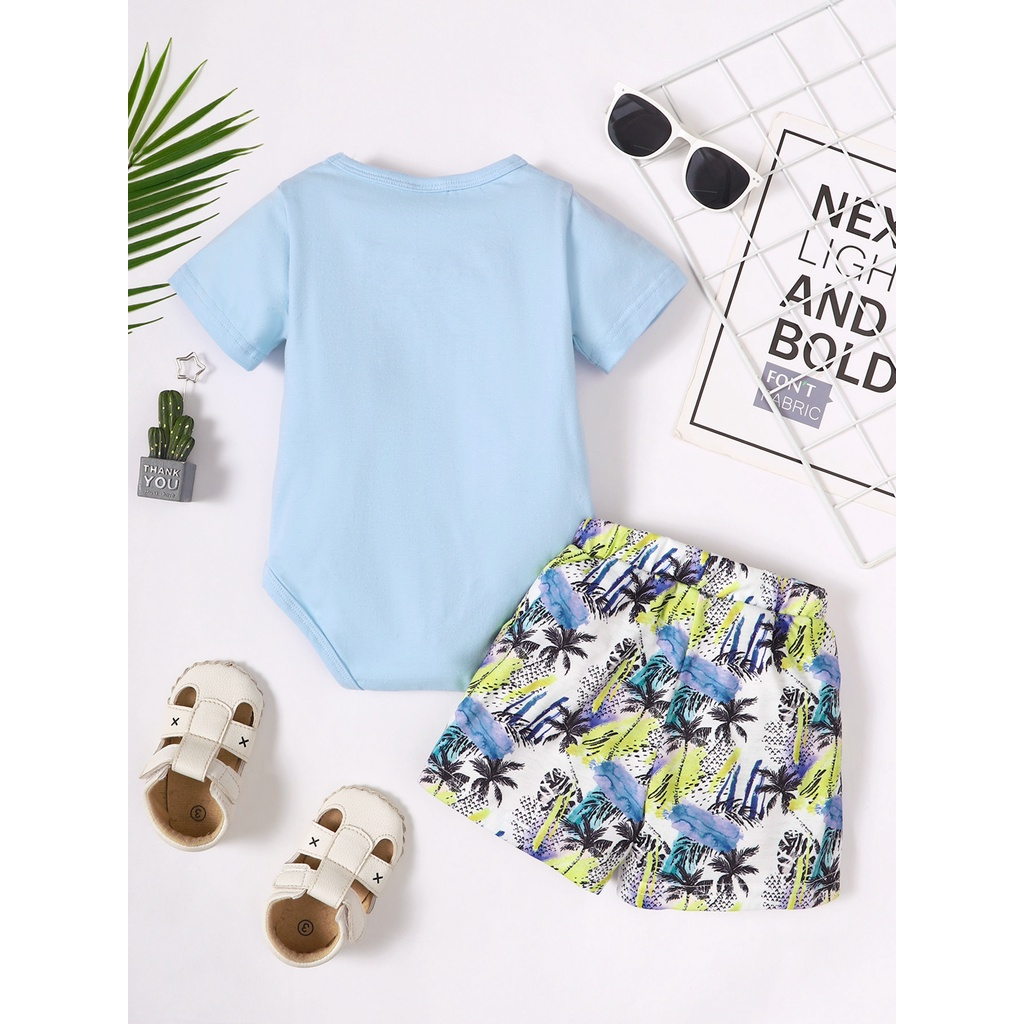 【3-18M】 2PCS Baby Boy Summer Outfit: Shark Print Short-Sleeve Bodysuit + Tropical Palm Print Shorts – Casual Beach Style Set