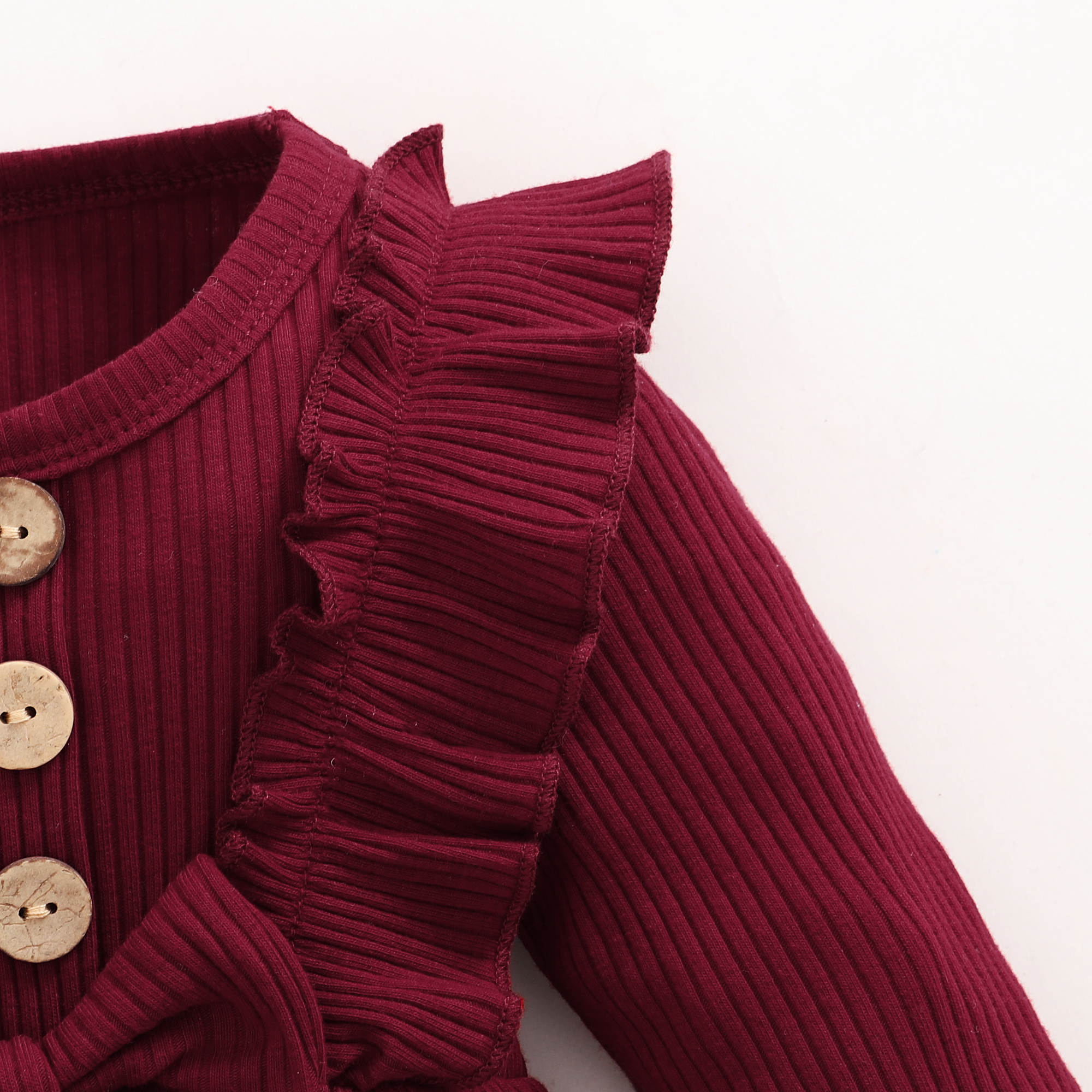 【2PCS】 0-18M Baby Girl Set | Maroon Ribbed Romper with Ruffles and Bow + Matching Bow Headband | Festive Casual Wear