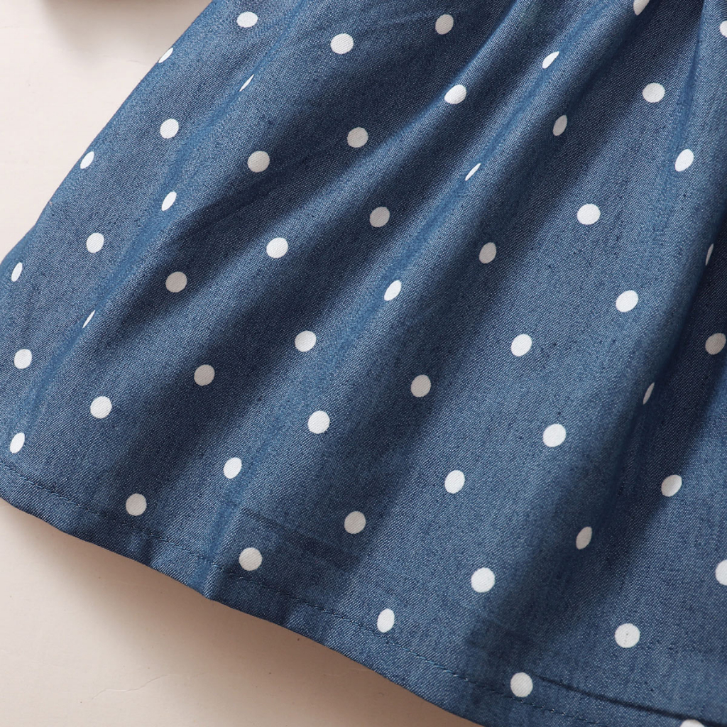【3-24M】 Toddler Girl Casual Dress | Denim Blue Polka Dot Ruffle Long Sleeve Dress | Fashion Daily Wear