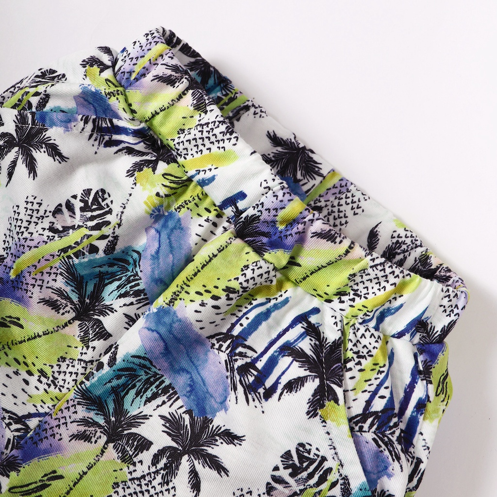 【3-18M】 2PCS Baby Boy Summer Outfit: Shark Print Short-Sleeve Bodysuit + Tropical Palm Print Shorts – Casual Beach Style Set