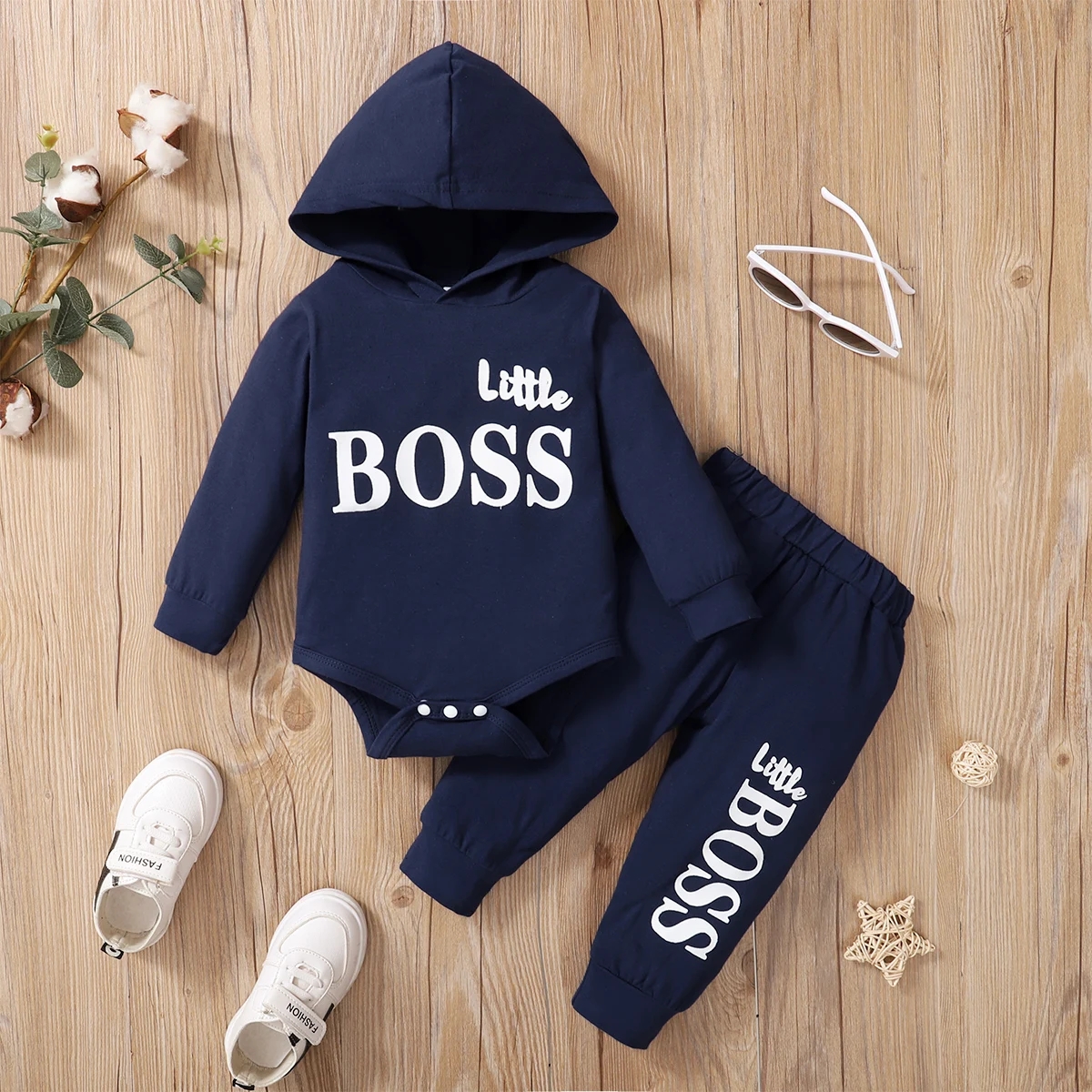 0-2 Years Newobrn Baby Boy Hooded Clothes Set Little Boy Print Long Sleeve Hoodie Romper + Pant Autumn 2PCS Outfit Toddler Boy Autumn Winter Sweatsuit Baby Sport Costume