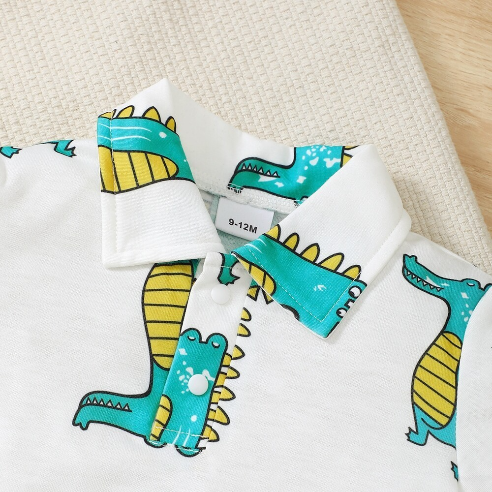 3-24 Months Infant&Baby Boy Gentleman 2pcs Suit Set Cartoon Dinosaur Short Sleeve Polo T-shirt with Solid Shorts Trendy Cute Style Kid Boy Daily Outfit