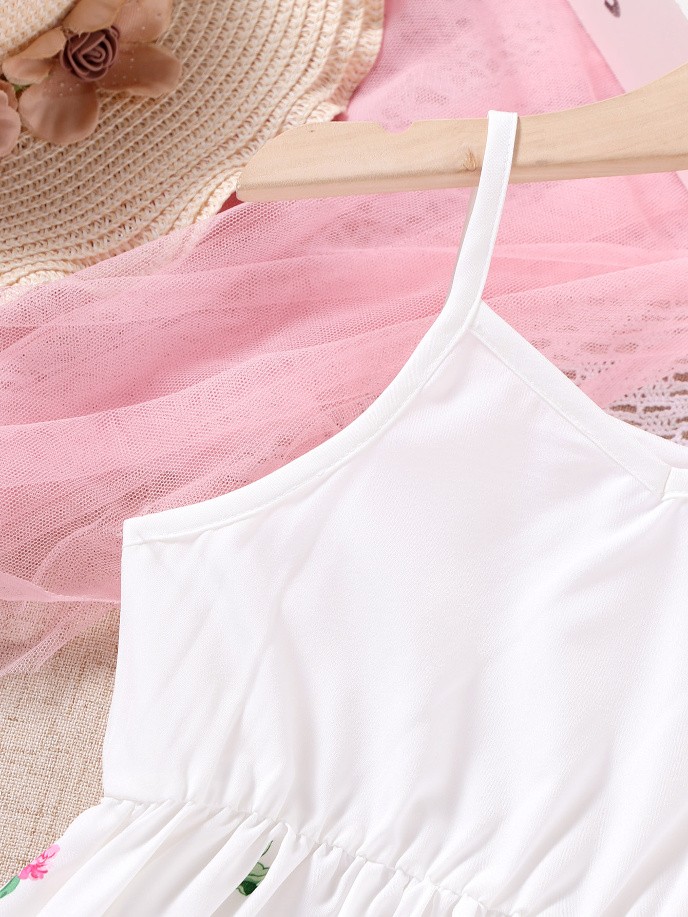 【0-3Y】 Toddler Girl Casual Dress | White Spaghetti Strap Floral Print Dress with Elastic Waist | Cute Summer Outfit