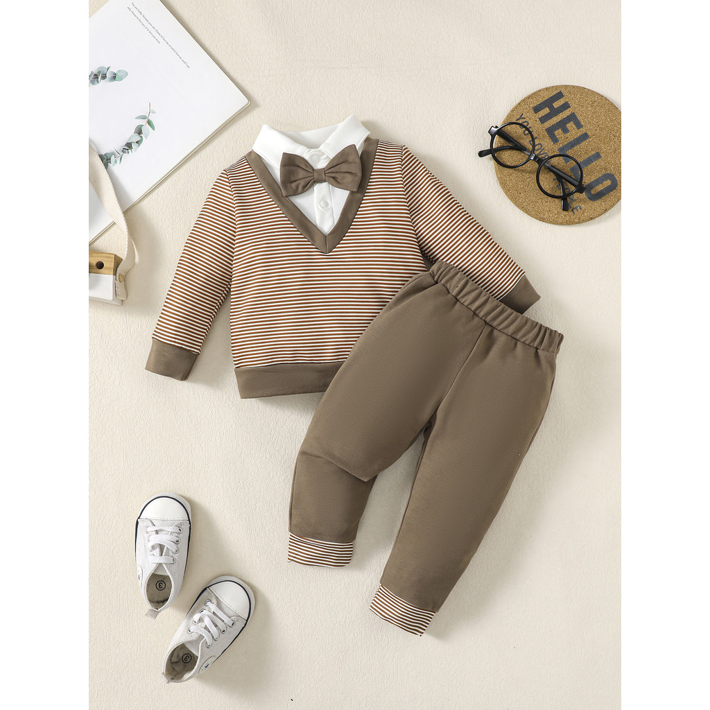 【2PCS】 6-18M Baby Boy Formal Outfit | Brown Striped Bow Tie Shirt + Solid Pants | Gentleman Casual Set