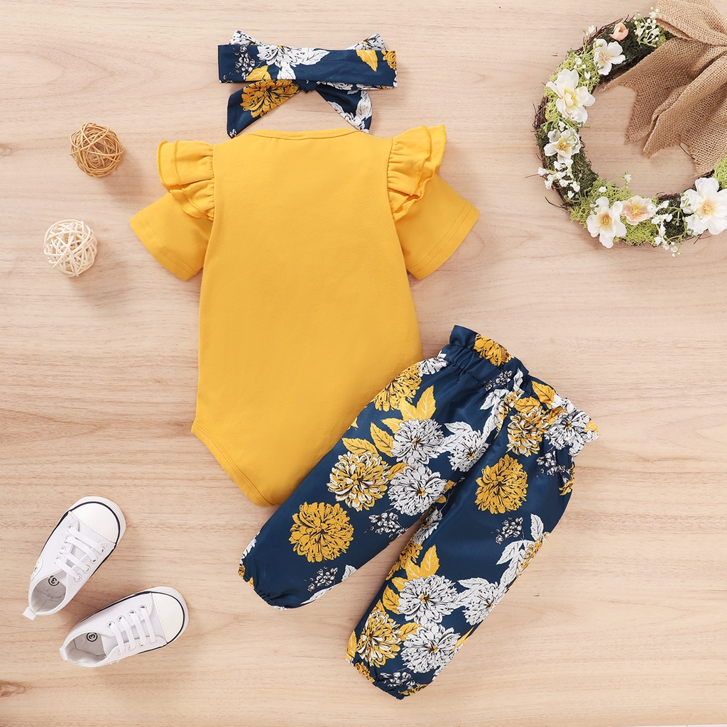 【3PCS】 0-18M Baby Girl Clothes Set | Yellow Ruffle Sleeve Romper + Floral Print Pants + Bow Headband | Cute Summer Outfit