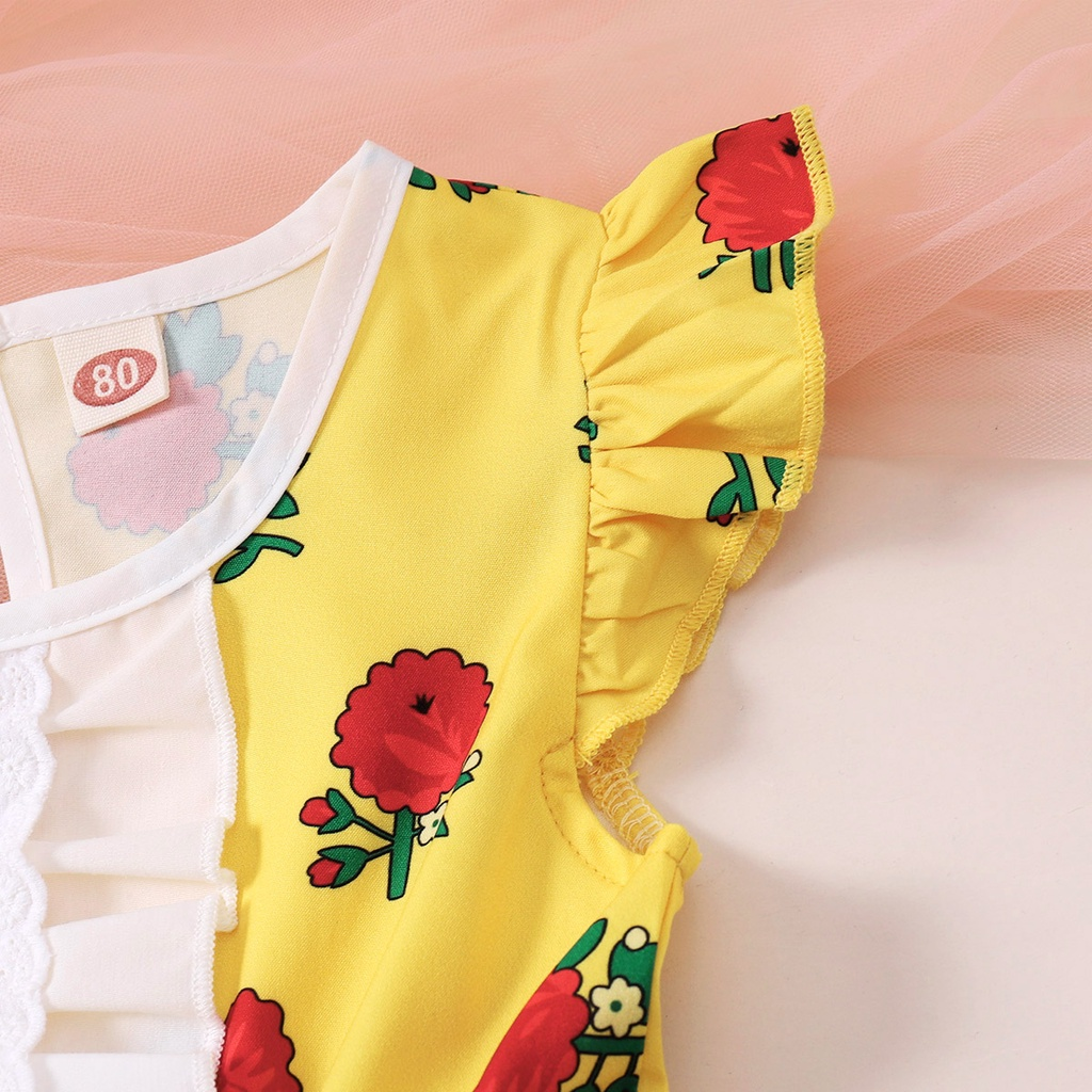 【12M-6Y】 Baby Girl Floral Dress | Yellow Rose Print Sleeveless Dress with Lace Ruffle & Satin Bow | Cute Daily Outfit