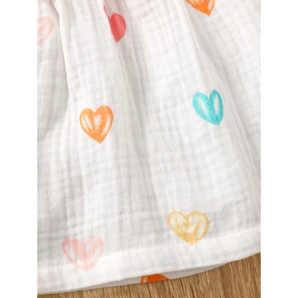 【2PCS】 0-9M Baby Girl Set | Heart Print Ruffle Dress with Bow + Matching Coral Sun Hat | Cute Summer Outfit
