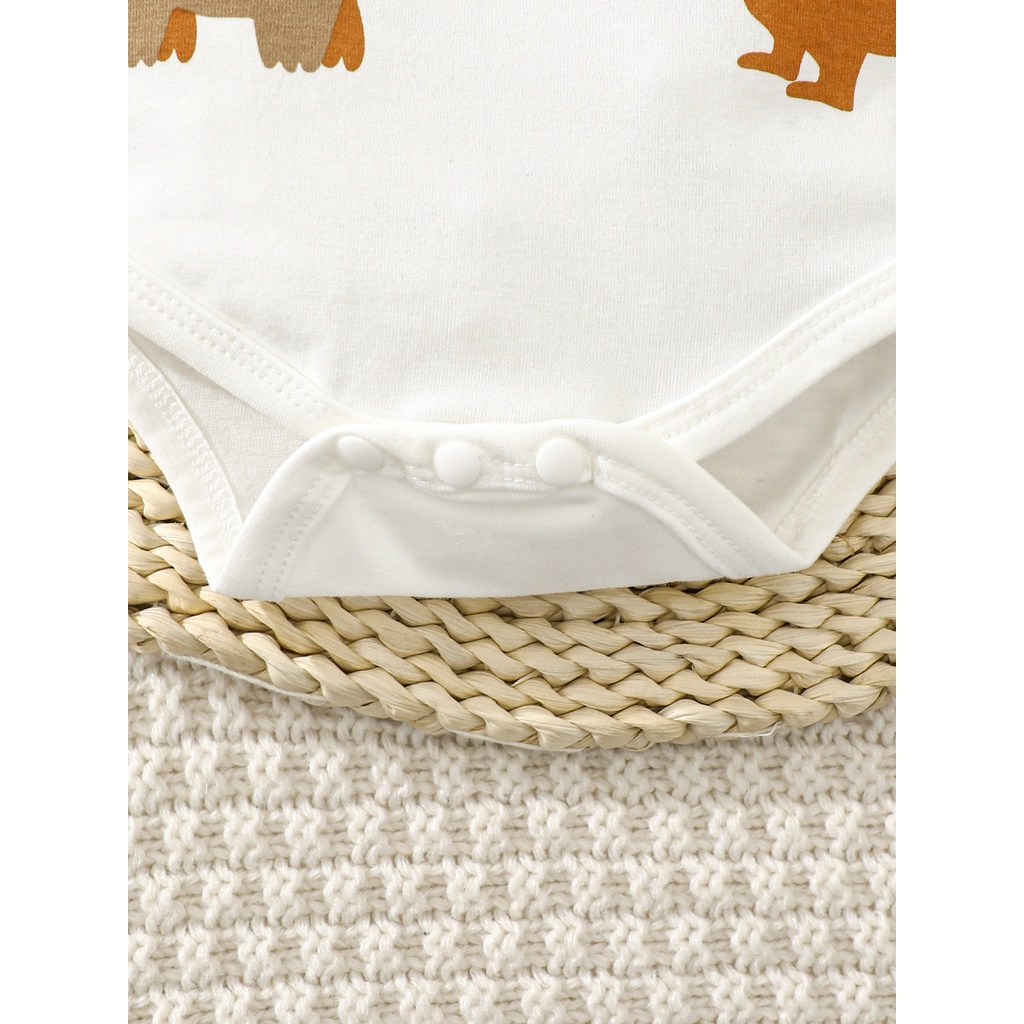 【0-6M】 2PCS Newborn Baby Outfit: Dinosaur Print Short-Sleeve Bodysuit + Ear Hat – Cute Summer Daily Set