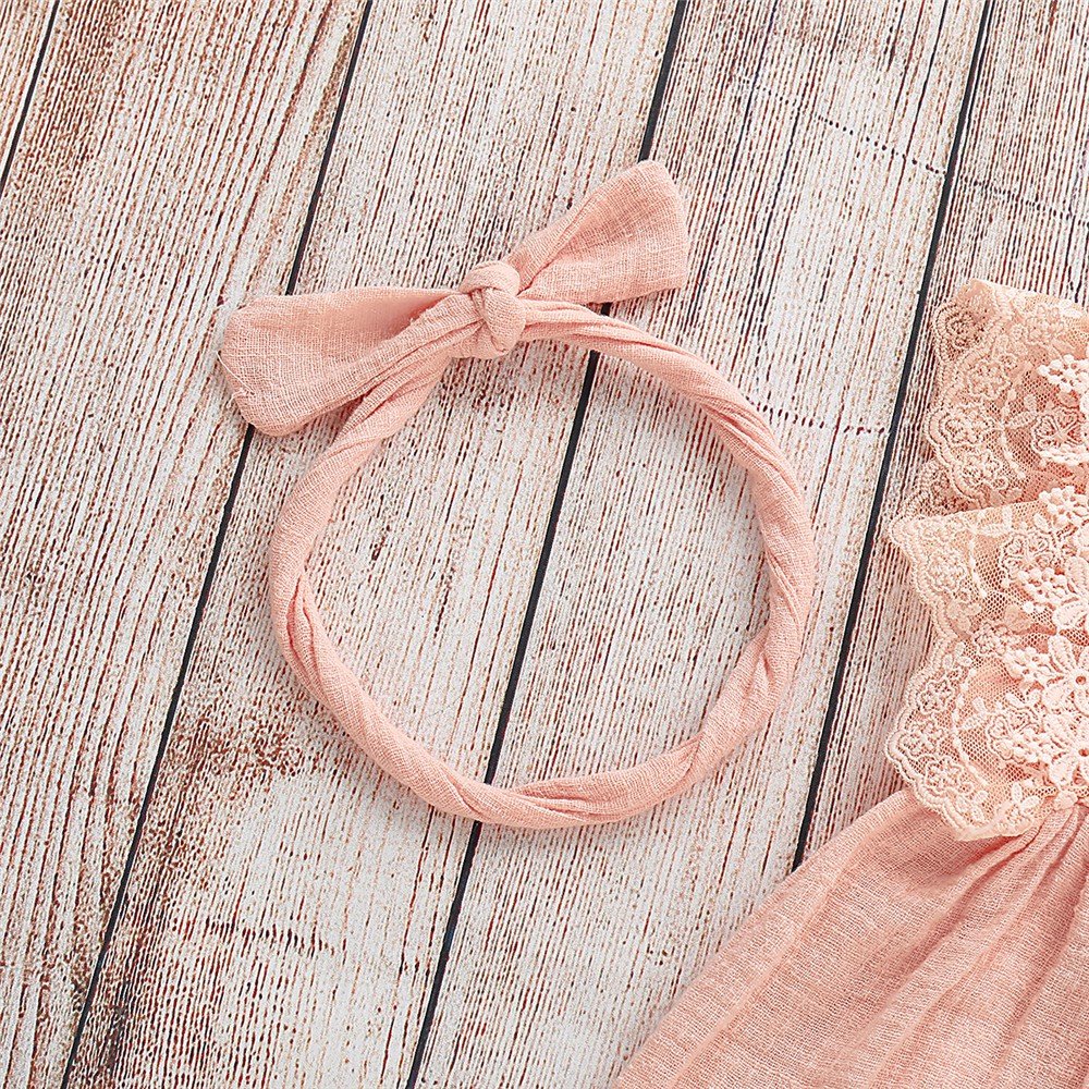 【2PCS】 0-18M Baby Girl Set | Pink Lace Trim Romper + Matching Bow Headband | Soft Summer Outfit