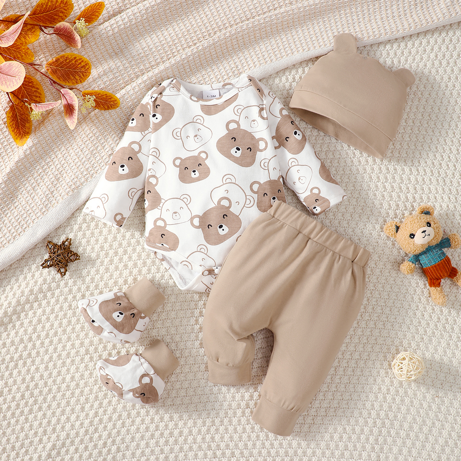 【4PCS】 0-9M Baby Boy Set | Bear Print Bodysuit + Solid Pants + Matching Ear Hat + Booties | Soft Newborn Wear