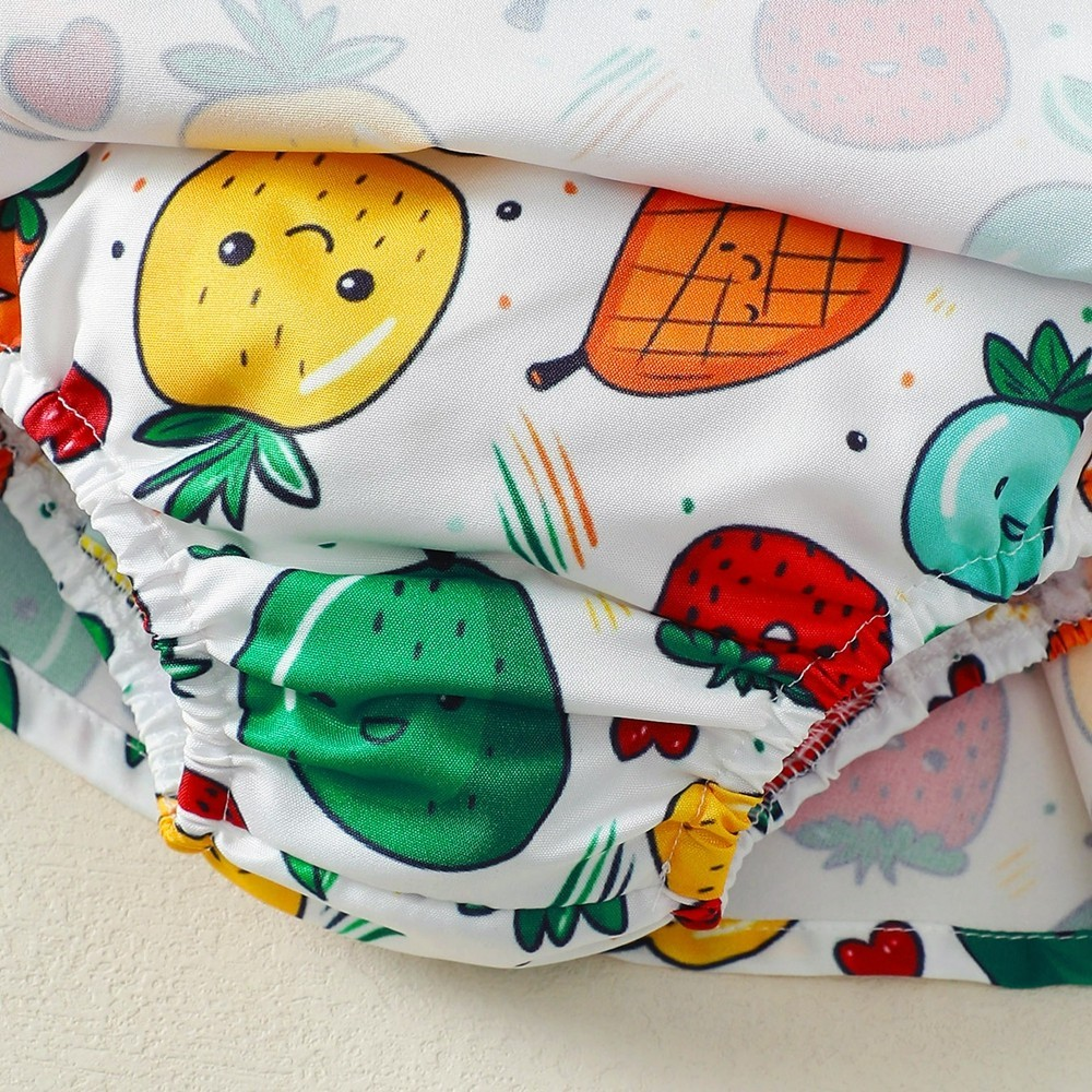 【1-9M】 3PCS Baby Girl Summer Outfit: Strawberry & Pineapple Print Ruffle-Sleeve Bodysuit + Fruit Print Skirt with Bow + Matching Headband – Cute Party Set