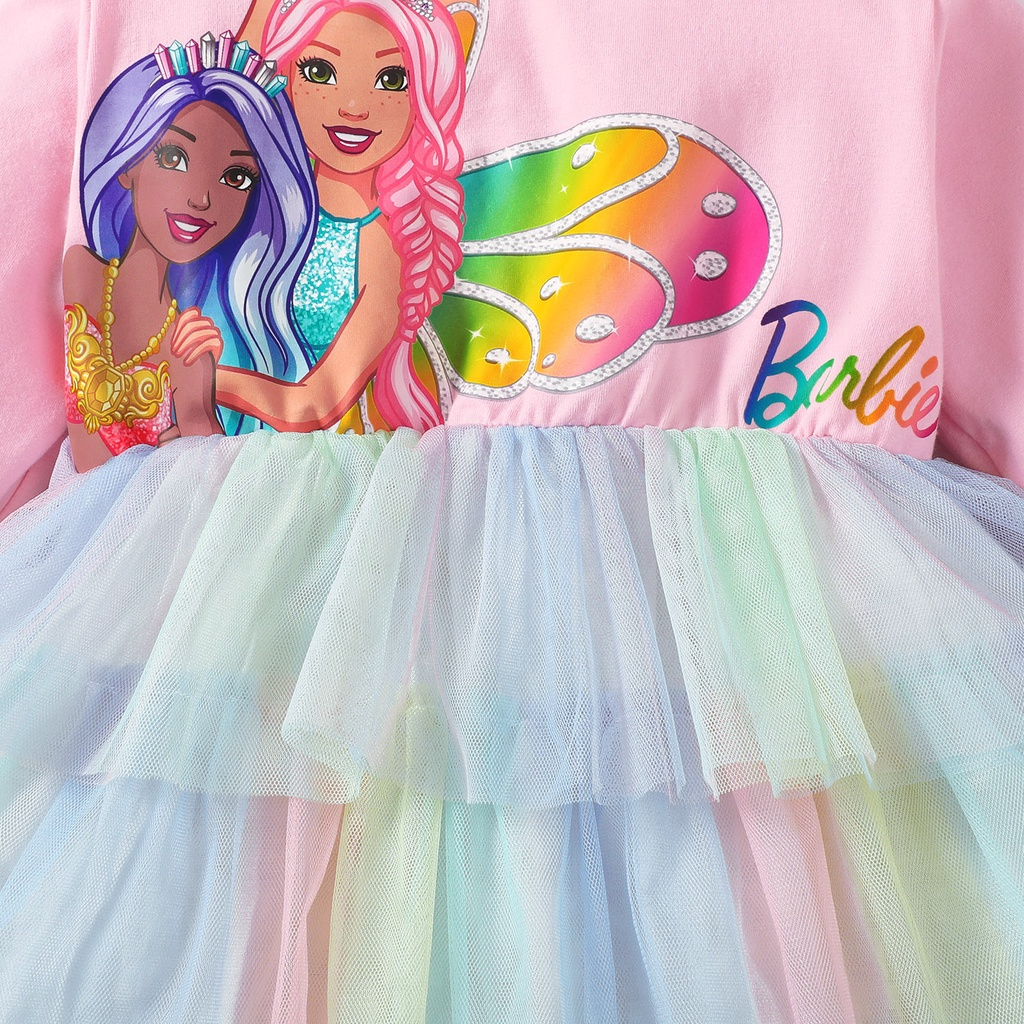 Dress for 1-6 Years Kids Girl Barbie Print Pink Long Sleeve Party Dressing Colorful Skirt Style Lovely Wear