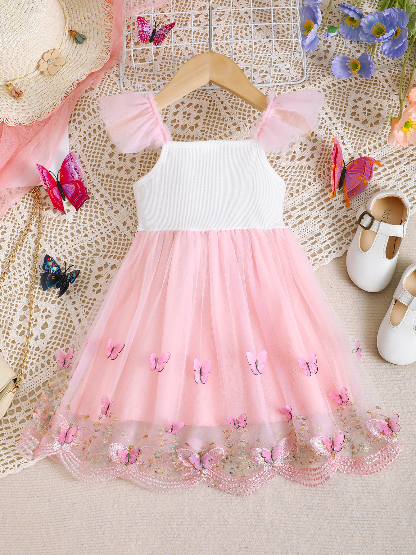【6M-3Y】 Toddler Girl Dress | Pink Butterfly Applique Tulle Dress with Daisy Trim and Tulle Straps | Cute Party Wear