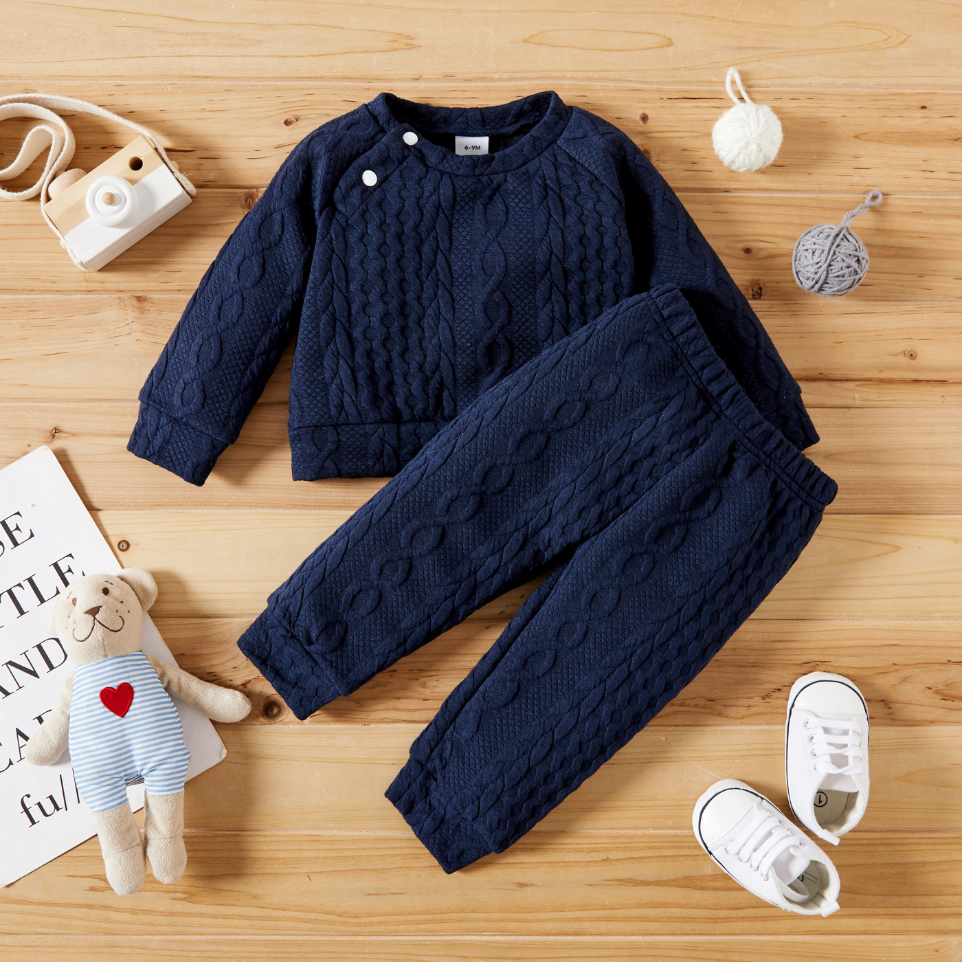 Catpapa boy |【2PCS】 0-3Y Unisex Baby Set | Navy Blue Cable Knit Sweatshirt + Matching Pants | Cozy Fall/Winter Outfit | Babies dress | Boys clothes fashions | Two piece set for kids boys