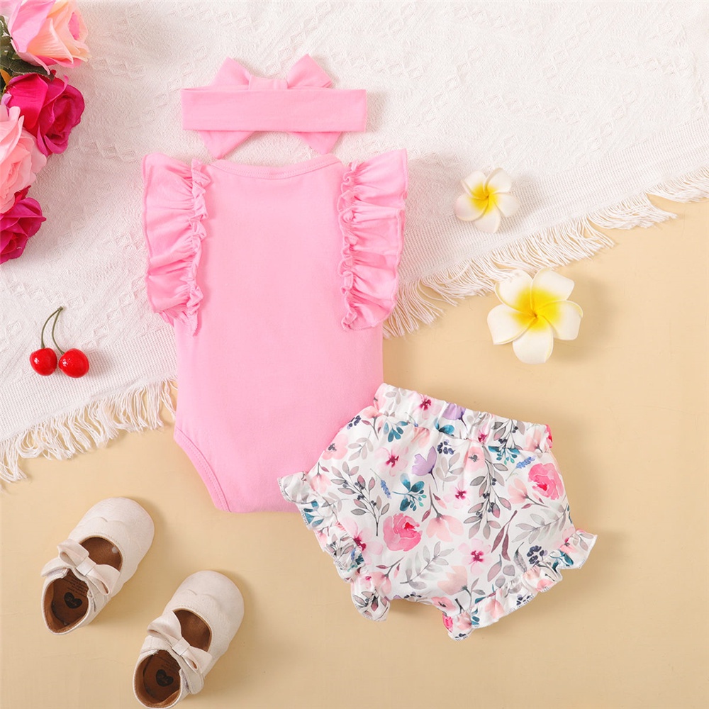 【3PCS】 0-18M Baby Girl Clothes Set | Pink "Mommy's Little Girl" Romper + Floral Bloomer Shorts + Bow Headband | Cute Summer Outfit