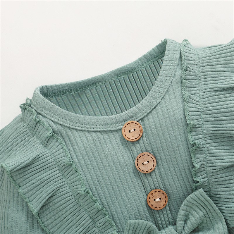 【2PCS】 0-18M Baby Girl Romper Set | Mint Green Ribbed Ruffle Long Sleeve Jumpsuit with Bow + Matching Headband | Cute Daily Wear