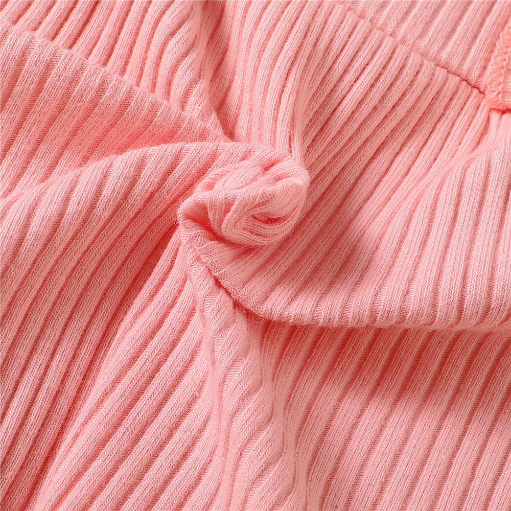 【2PCS】 0-12M Baby Girl Outfit | Pink Ribbed Ruffle Trim Romper with Bow + Matching Headband | Soft Casual Wear