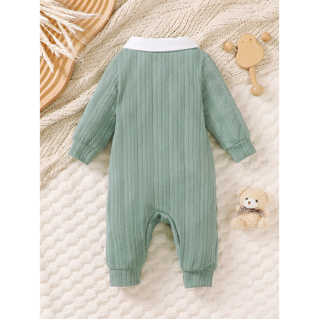 Catpapa boy |【0-18M】 Baby Boy Formal Romper | Mint Green Textured Jumpsuit with Bear Embroidery + Bow Tie | Gentleman Party Outfit | Babies dress | BabySuit | Boys clothes fashions