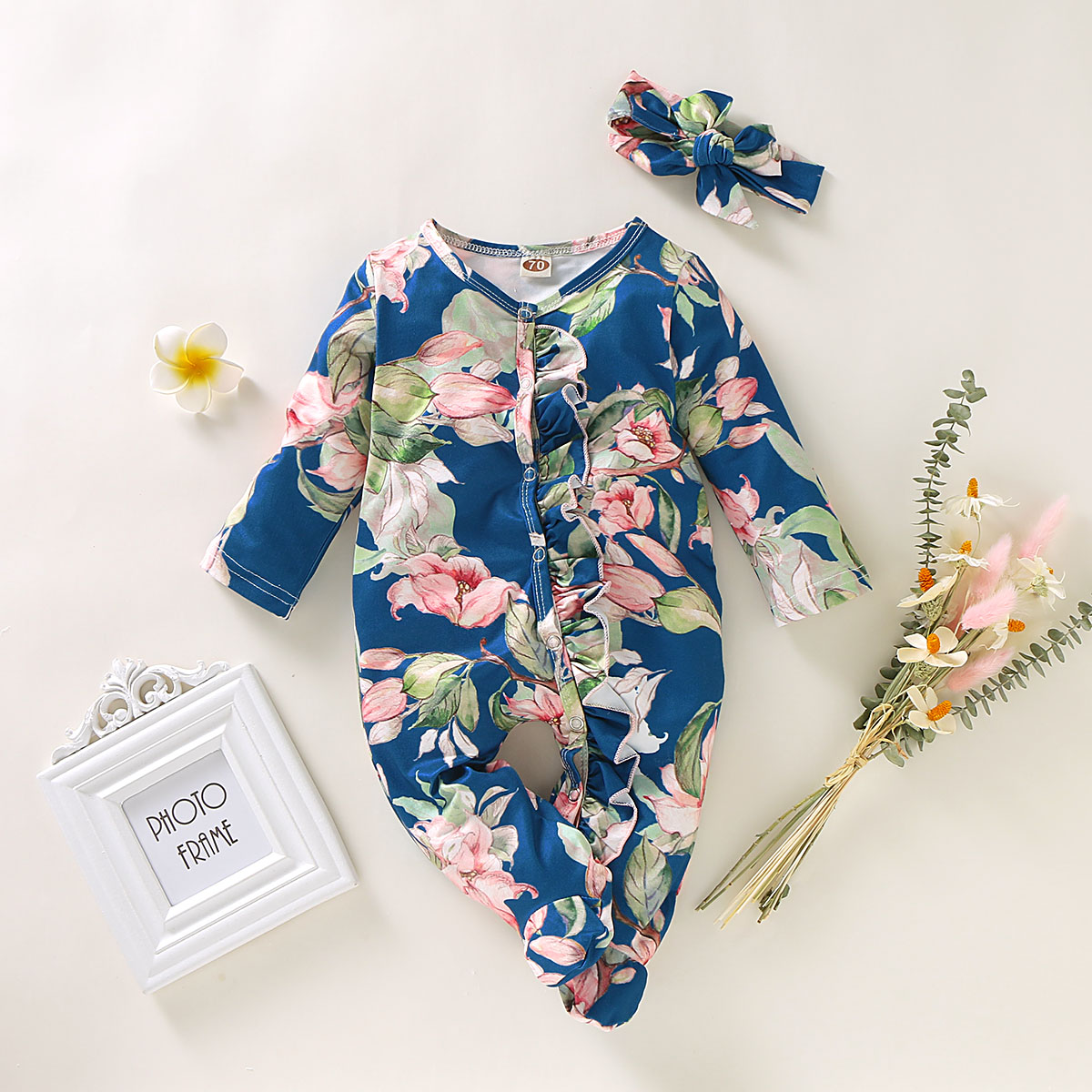 0-3Y Girls' Floral Print  Romper with Matching Bow Headband | Soft Cotton 2-Piece Outfit, for Daily Wear & Photoshoots, Baby Girls
