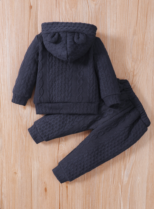 Catpapa boy |【2PCS】 3-24M Toddler Set | Navy Blue Cable Knit Hoodie with Ears + Matching Pants | Cozy Fall/Winter Outfit | Boys clothes fashions | Two piece set for kids boys | BabySuit